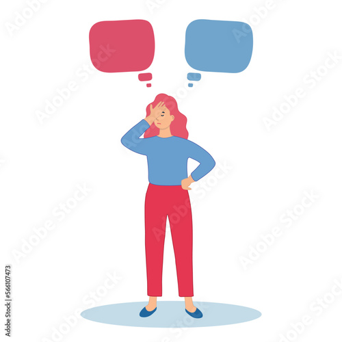 Young woman doubts and questioning everything. Flat cartoon vector illustration.