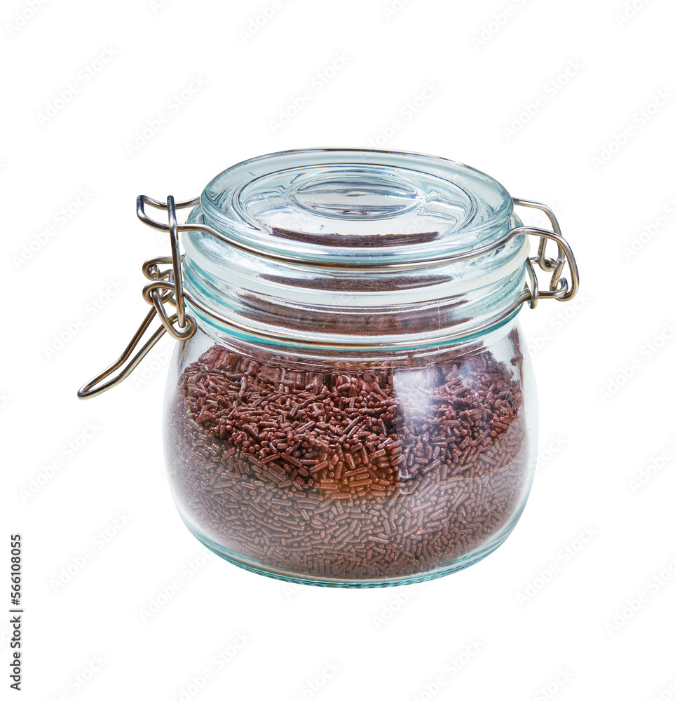 Chocolate candy sprinkles in A clear glass jar with a lockable lid