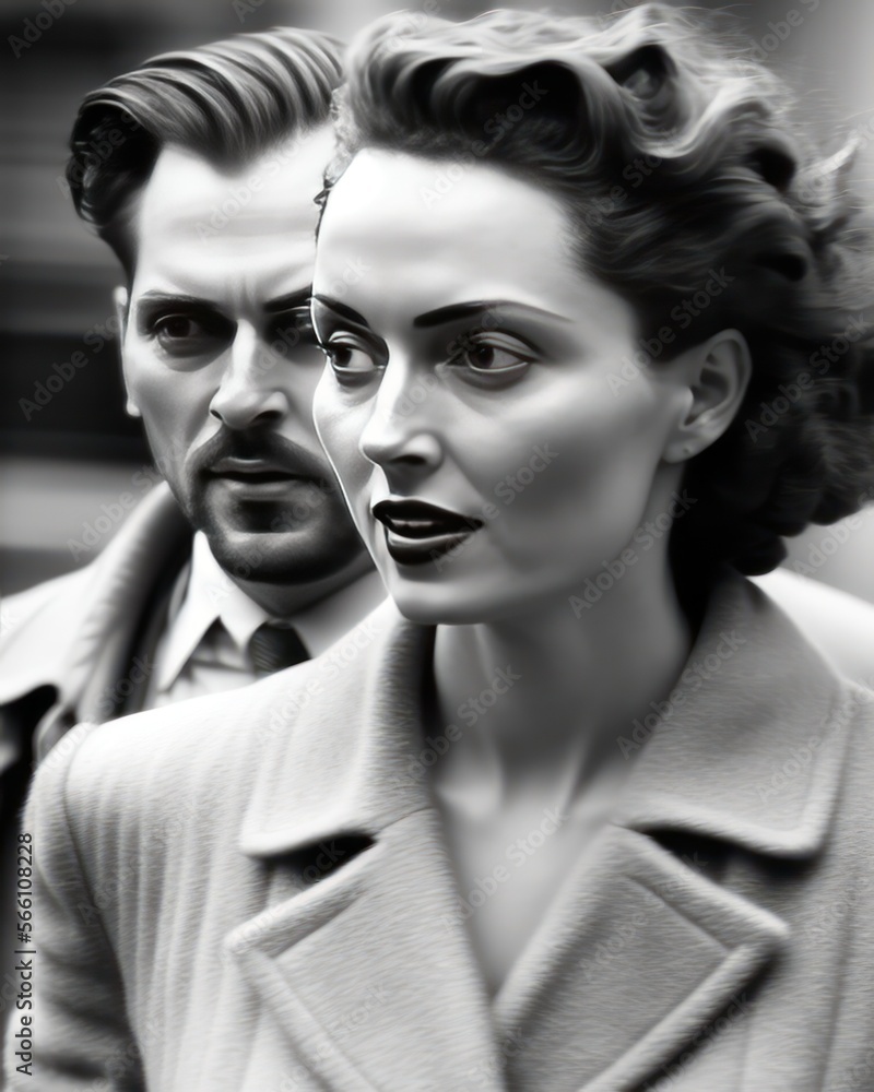 Attractive couple walking in New York City in 1955. monochromatic vintage. This image was created with generative AI