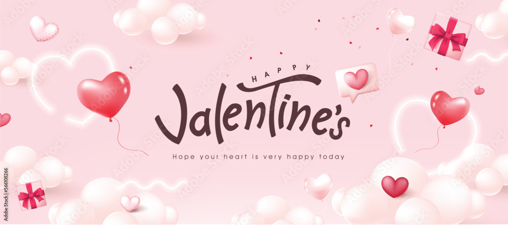 Valentines day card or banner background with Heart Shaped Balloons and text design on pink sky
