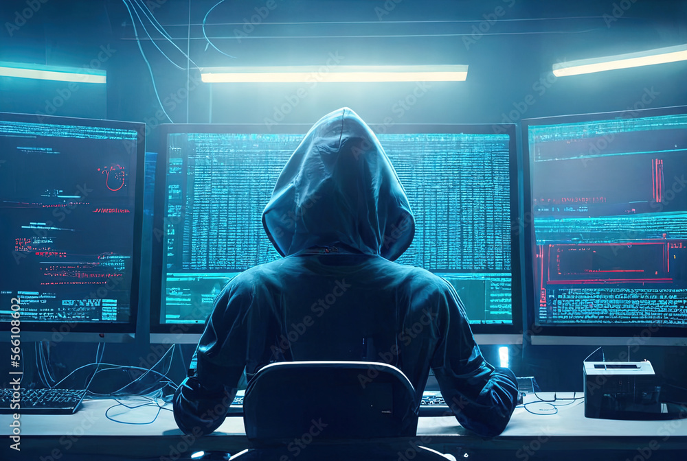 Young hacker hacking a network system with a laptop computer, danger for cyber security and antivirus commercial purpose, reworked and enhanced ai generated mattepainting illustration - obrazy, fototapety, plakaty 