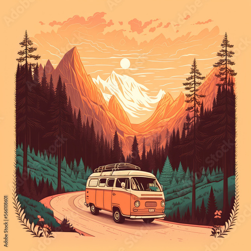 Van Life Adventure A Serene Illustration of a Minivan Traveling Along a Winding Forest Road Surrounded by a Beautiful Mountain Landscape at Sunset © God Image