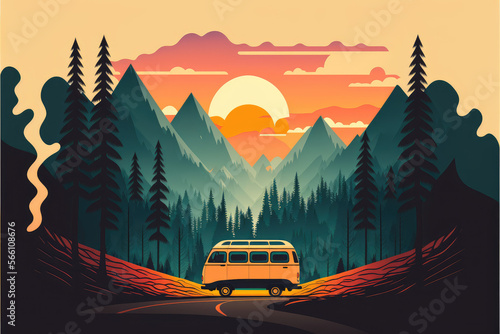 Canvas-taulu Van Life Adventure A Serene Illustration of a Minivan Traveling Along a Winding
