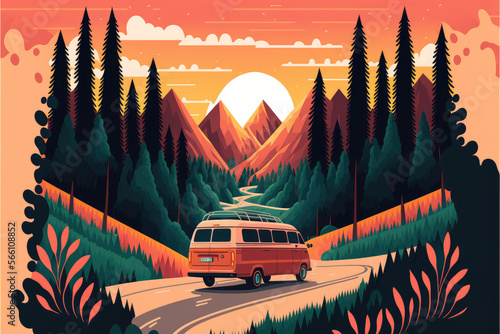 Valokuva Van Life Adventure A Serene Illustration of a Minivan Traveling Along a Winding