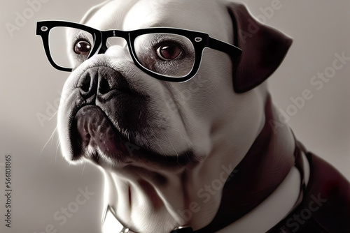 Serious dog with glasses in white and black, created with Generative AI technology © Noe