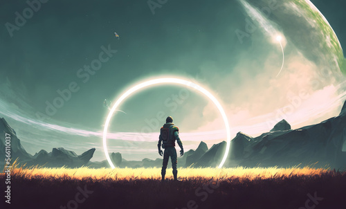 Sci-fi scene showing futuristic man standing in a field looking at the planet with giant rings, digital art style, illustration painting 