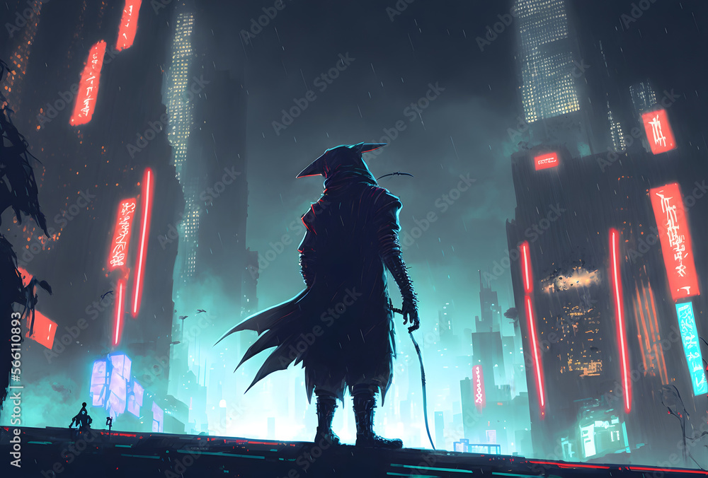 futuristic samurai standing on a building in cyberpunk city at rainy ...