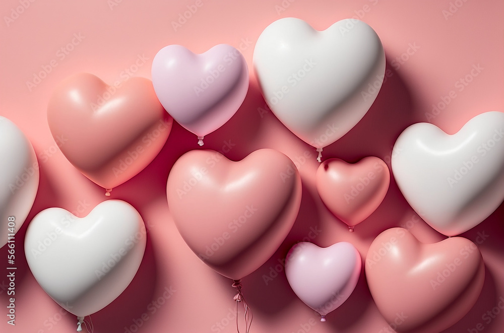 Pink and white heart-shaped ballons. Generative AI.