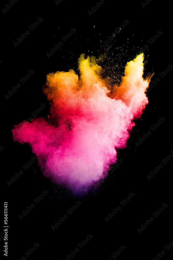 Pink yellow powder splash on white background,Freeze motion of color powder exploding.