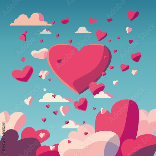 Ilustración en vectores editables de corazones flotando en el cielo para fondo de tarjeta de san valentin o día del cariño, el amor y la amistad. 