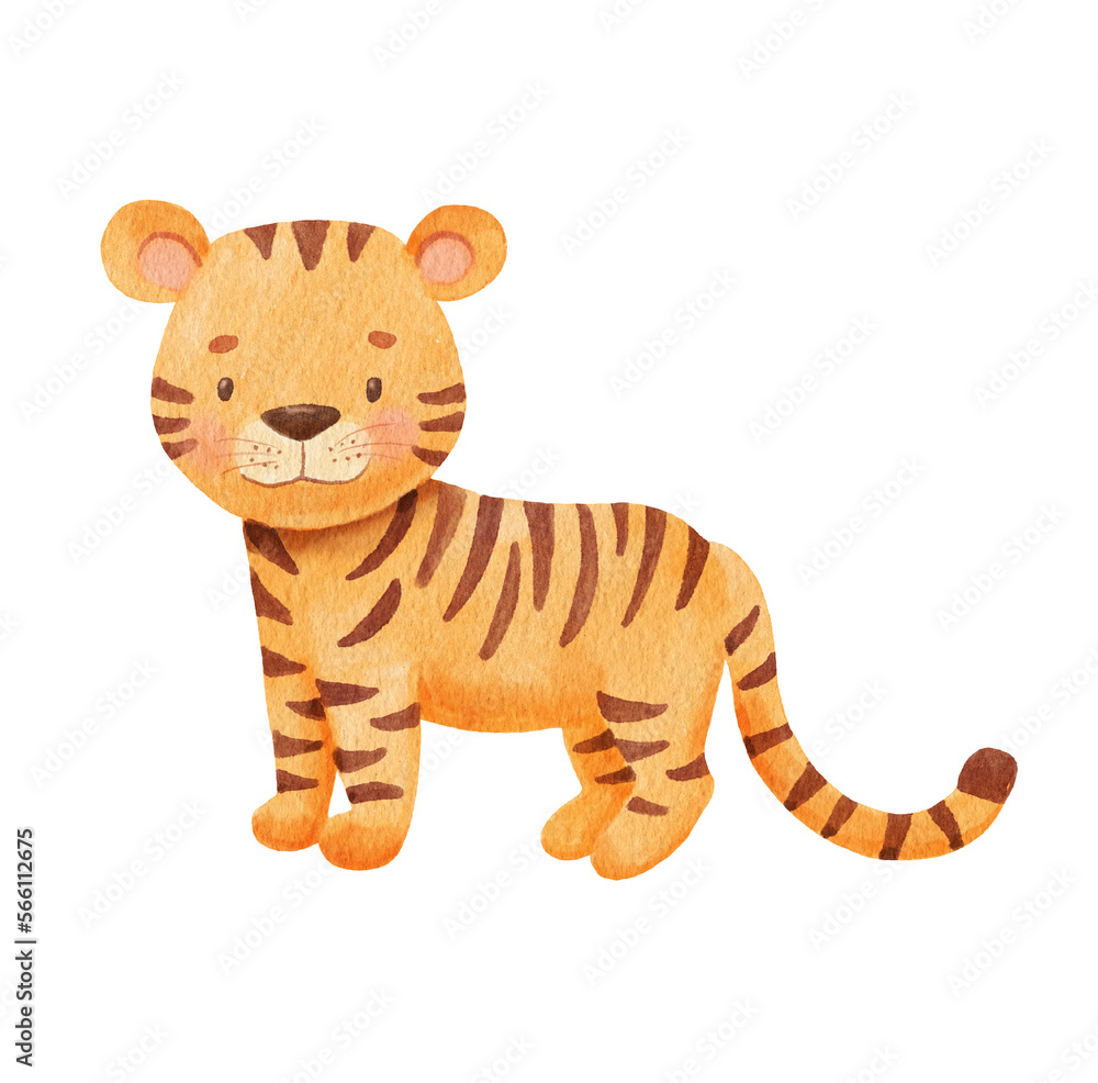 Cute tiger in cartoon style. Watercolor Drawing african baby wild animal isolated on white background. Jungle safari animal Cute tiger in cartoon style. Watercolor Drawing african baby wild animal isolated on white background. Jungle safari animal