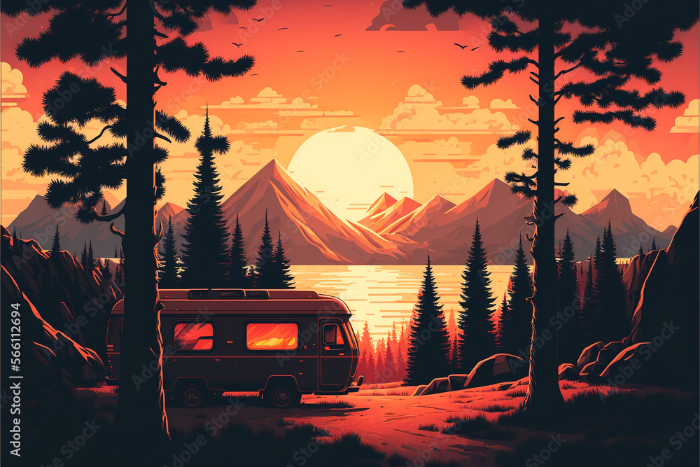 Camping Urlaub, camping in the woods, campsite with trailer and campfire, landscape in retro style, Generative AI - obrazy, fototapety, plakaty 