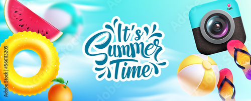 Summer time vector design. It's summer time text with beach elements like camera and lifebuoy in sky background. Vector illustration summer time background.
