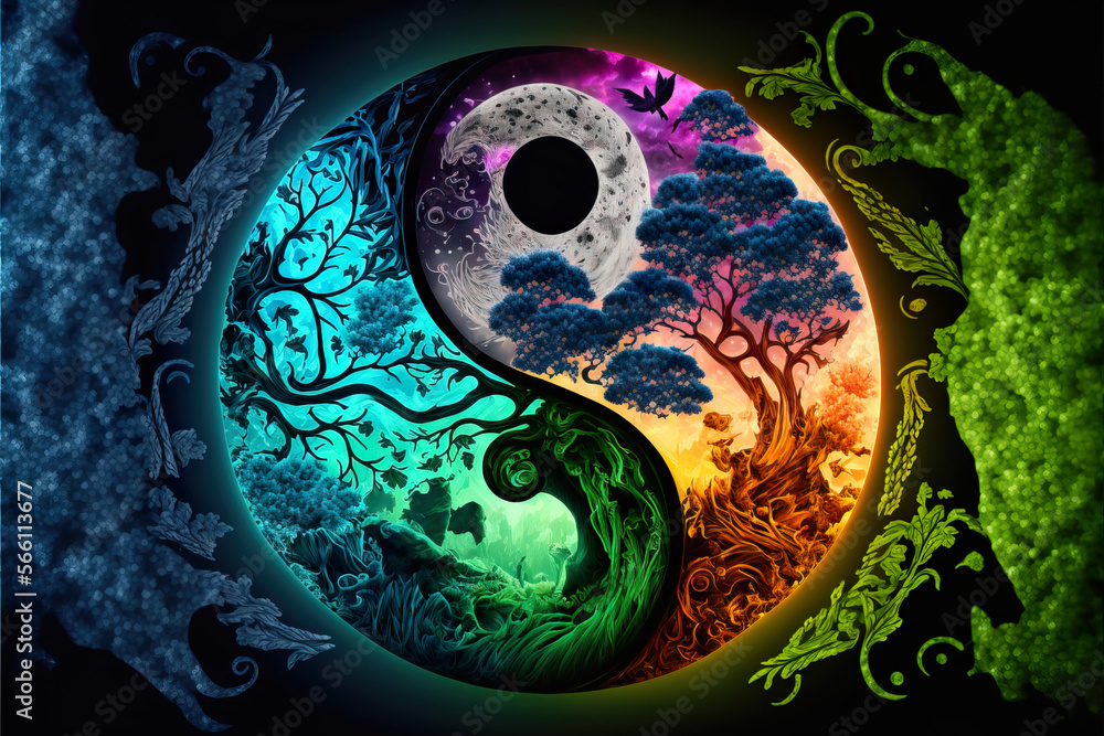 Harmonious balance: color-drenched yin-yang plant world Generative AI - obrazy, fototapety, plakaty 