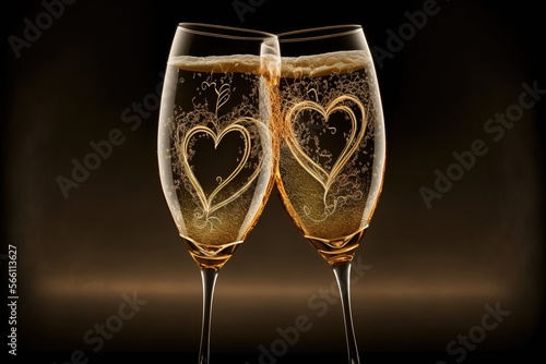 Two champagne glasses toasting each other with engraved hearts and sparkling love, Valentine's Day, love, partnership, romance created with generative ai technology