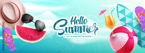 Hello summer vector background. Hello summer text with colorful beach elements design for holiday vacation. Vector illustration summer greeting background.
