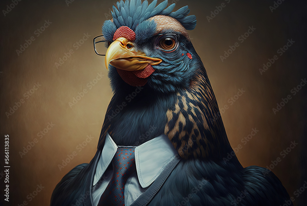 Portrait of a chicken dressed in a formal business suit, generative ai