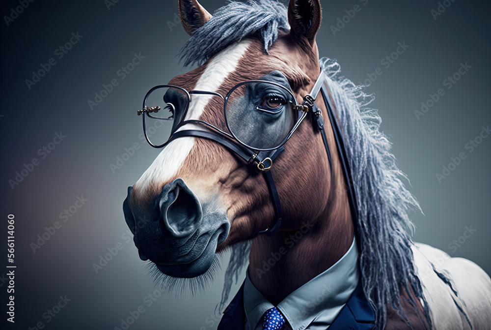 Portrait of a horse wearing glasses dressed in a formal business suit