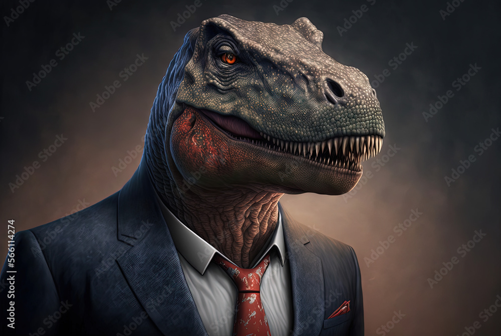 Portrait of a dinosaur dressed in a formal business suit, generative ai