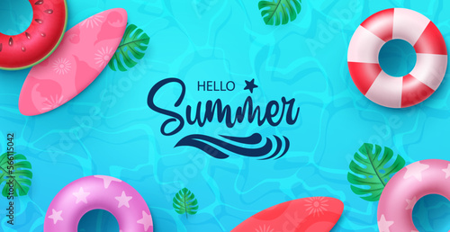 Summer vector background design. Hello summer text in swimming pool water with beach elements. Vector illustration tropical season greeting background.

