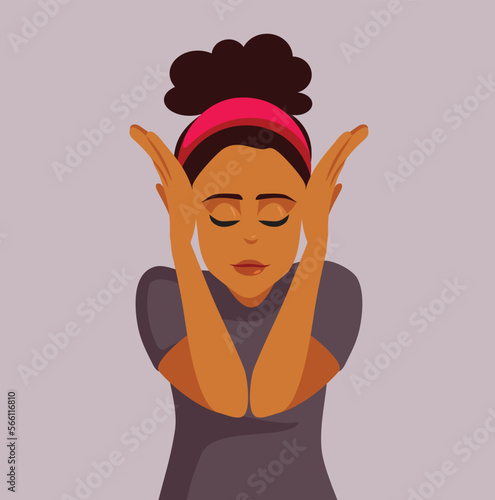 Stressed Woman of Black Ethnicity Feeling Overwhelmed Vector Illustration. Unhappy girl covering her ears and closing her eyes 
