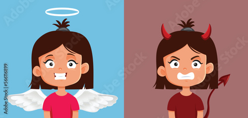 Naughty or Good Girl Vector Cartoon Drawing Illustration. Funny child acting polite or bad in different circumstances 
