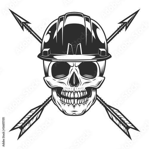 Skull with construction business hard hat and vintage hunting arrow in monochrome style isolated vector illustration. Design element for label or sign and emblem