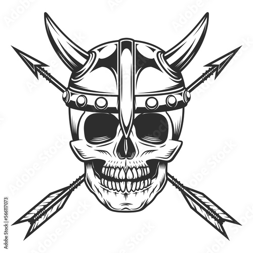 Viking skull with horned helmet and vintage hunting arrow in monochrome style isolated vector illustration. Design element for label or sign and emblem