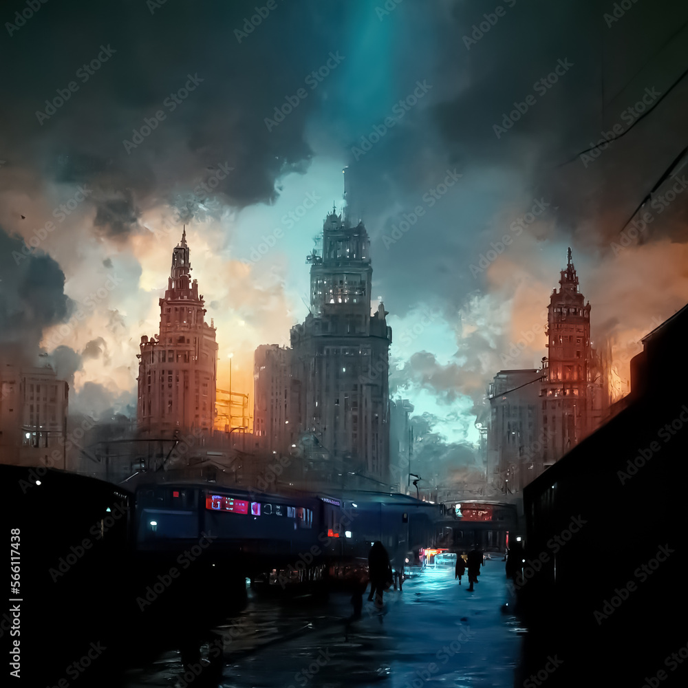 Futuristic fantasy city with smog, fog and dark landscape. Generative AI Art.