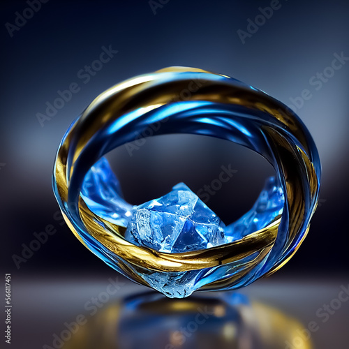 A beautiful ring made of gold  diamonds  blue ruby  ice and water. Generative AI Art.