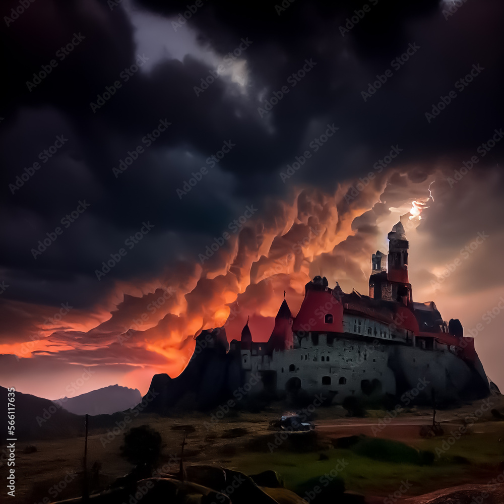 Sunset over the castle. Dard world. Generative AI Art