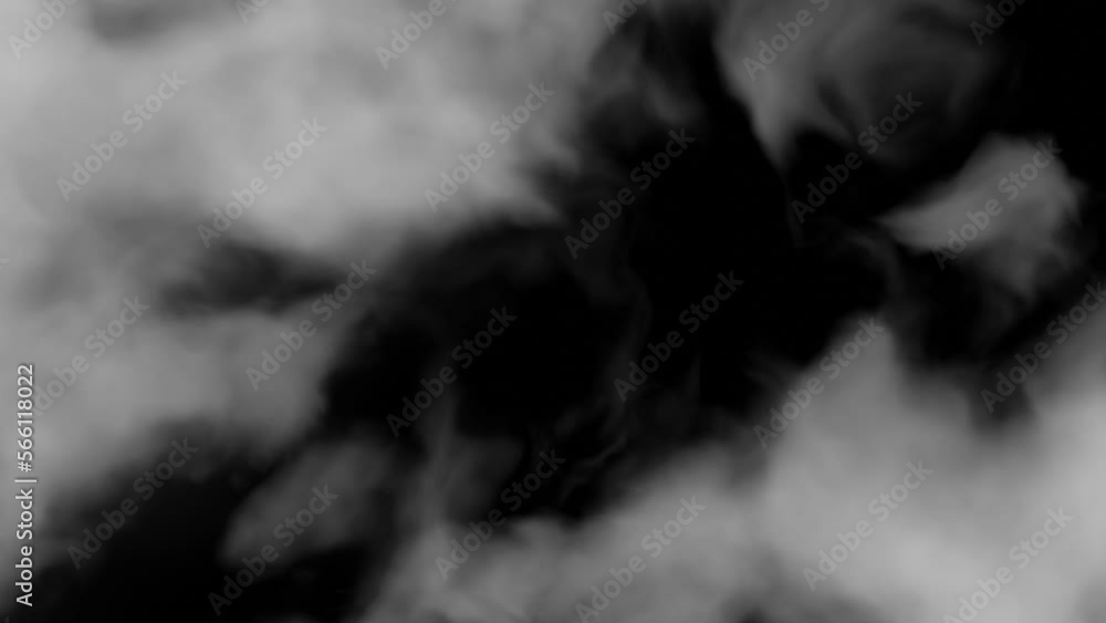 Flying through clouds toward black background. Digital animation and 3D render vfx.