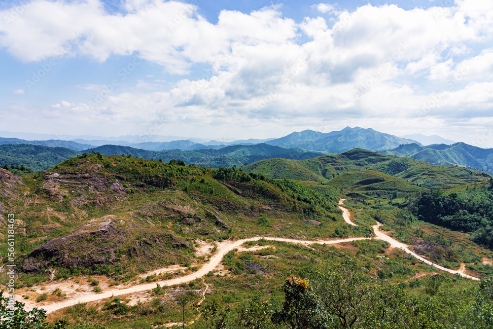Beautiful landscape of Noen Chang Suek (Battle Elephant Hill) mountain view point is Thailand and Myanmar border crossing point. Mountain hill road view point scenic west in Kanchanaburi Thailand.
