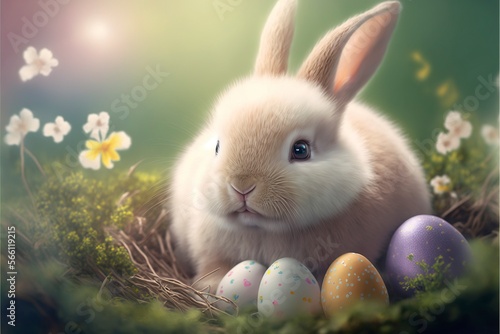 Cute little rabbit happy easter eggs with Generative AI © vuang
