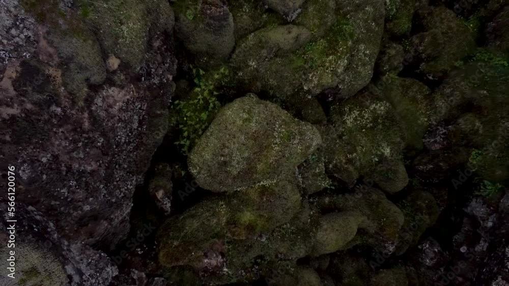 Mossy rocks in aerial downwards ascending view in Iceland landscape Mossy rocks in aerial downwards ascending view in Iceland landscape