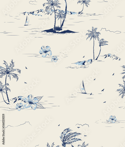 Tropical Palm Beach Island Hand Draw Outline Vector illustration Seamless Pattern Print On light Beige Colour Background Wallpaper 