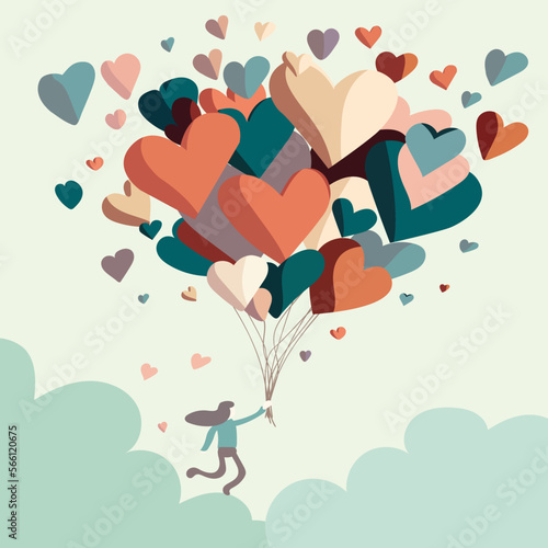 Ilustración en vectores editables de persona enamorada flotando en las nubes con un ramo de globos en forma de corazones coloridos, para tarjeta de san valentin, día del cariño, amor, amistad.
