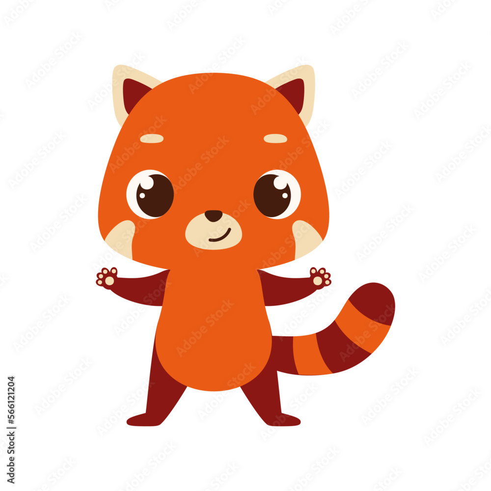 Cute little red panda on white background. Cartoon animal character for kids cards, baby shower, invitation, poster, t-shirt composition, house interior. Vector stock illustration Cute little red panda on white background. Cartoon animal character for kids cards, baby shower, invitation, poster, t-shirt composition, house interior. Vector stock illustration