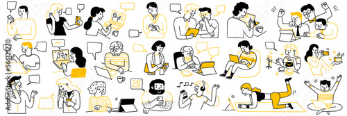 Cute character doodle illustration of various people at many ages, using digital gadget in multi purpose, calling, messaging, learning online, social media, etc. Outline, thin line art, hand drawn.