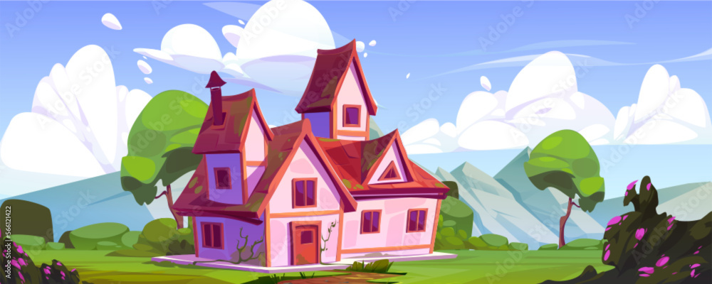 Nice country house surrounded by beautiful mountain landscape. Vector cartoon illustration of old cottage with red roof, summer garden with green grass, trees and blooming bushes under sunny blue sky
