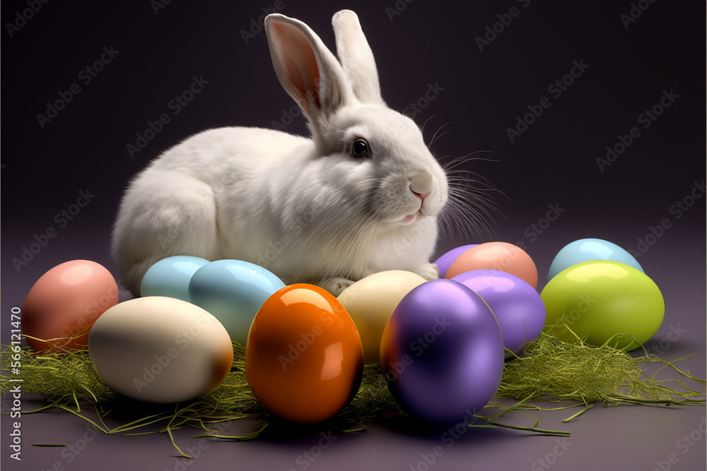 Adorable Bunny With Easter Eggs, generative ai