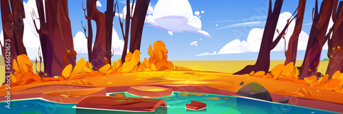 Nature autumn scene with lake. Fall landscape with orange trees, grass, bushes, pond and wooden log in water. Fields, river coast and clouds in sky, vector cartoon illustration