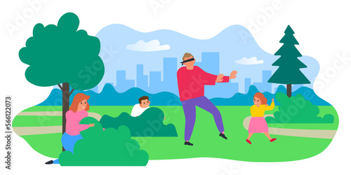 happy family playing hide and seek blindfolded father seeking children vector illustration