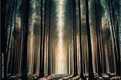 forest with rows of trees arranged in rows with Generative AI