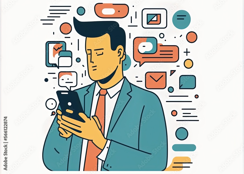 businessman holding a smartphone and checking his emails, showcasing the theme of mobile productivity and technology made with generative ai, vector style, flat, illustration, cartoon, line businessman holding a smartphone and checking his emails, showcasing the theme of mobile productivity and technology made with generative ai, vector style, flat, illustration, cartoon, line