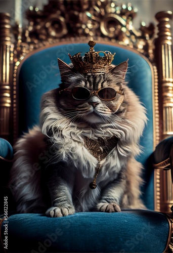 cat with sunglasses sitting on a throne with a crown with Generative AI