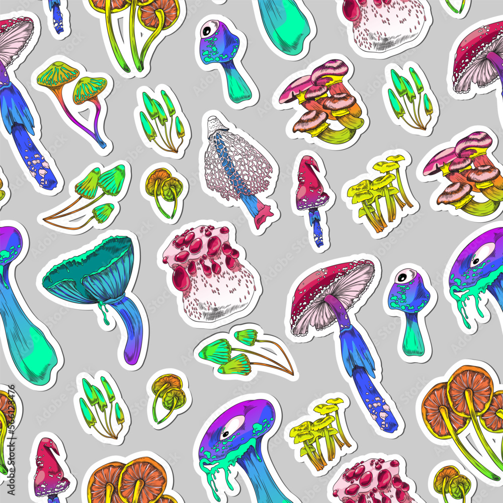 Seamless pattern background with toadstools and mushrooms vector illustration.