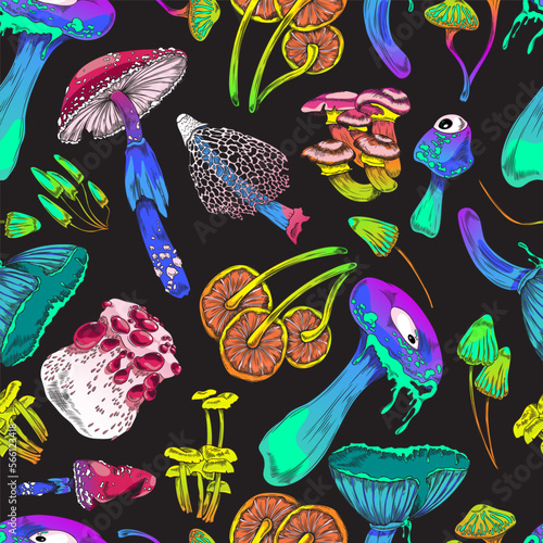 Magic mushrooms monsters seamless pattern cartoon vector illustration.