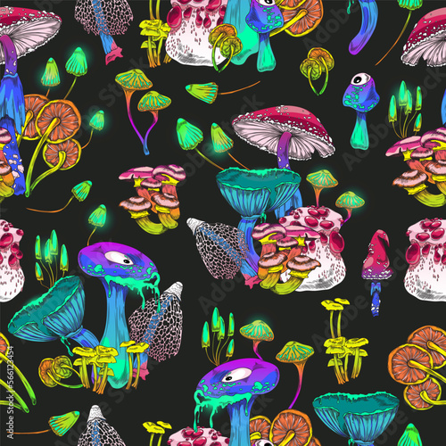 Seamless decorative pattern with magic psychedelic mushrooms vector illustration.