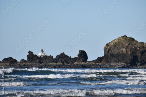 Tilamook Head Lighthouse amongst rocky landscape. photo
